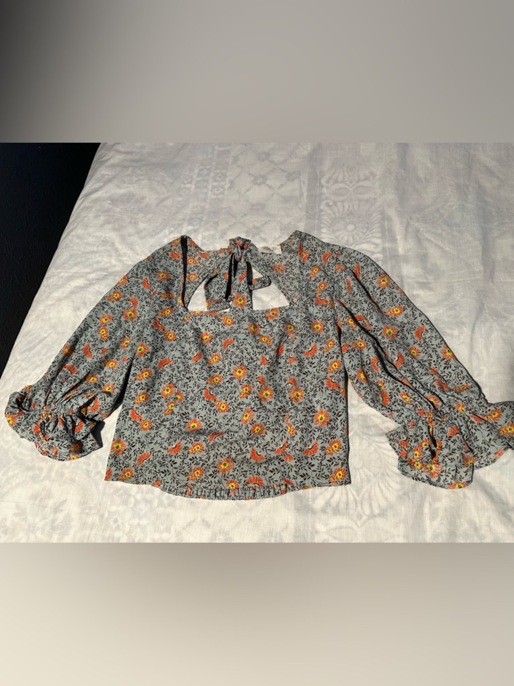 Sienna Sky Sage Floral Tie-Neck Blouse with Orange Flowers